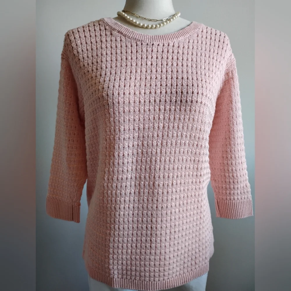 Talbots Cotton Blend Basket Weave Knit 3/4 Sleeve Pastel Pink Sweater Sz Medium - Picture 4 of 17